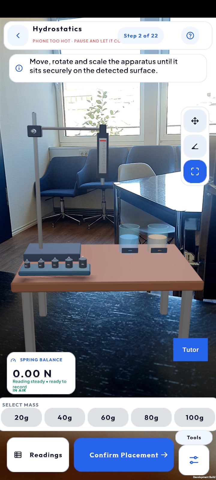 EnvisionEd Hydrostatics apparatus placed in a real classroom using Mobile AR